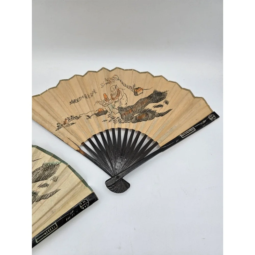 3 Lot Matching VTG Chinese Folding‎ Hand Fans Handmade Painted Rice/Bamboo Paper - Picture 4 of 16